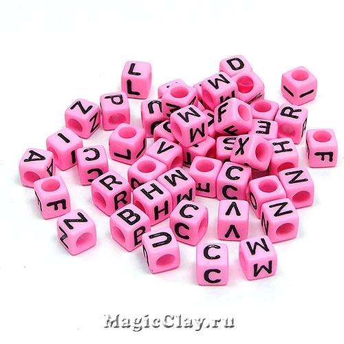 Бусины буквы Кубики 6мм, Английские, цвет розовый 20гр (~130шт)