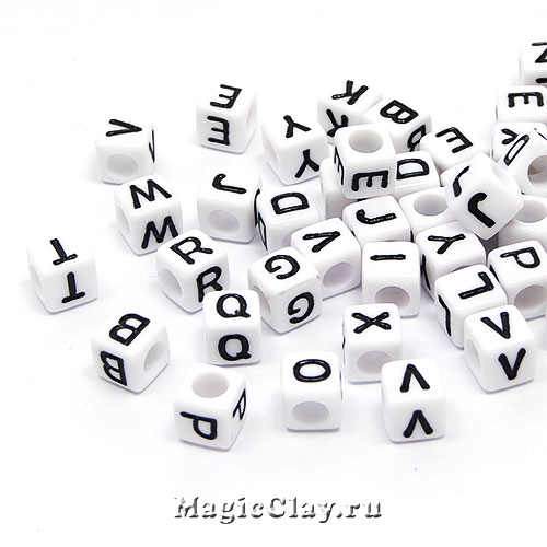 Бусины буквы Кубики 6мм, Английские, цвет белый, 20гр (~130шт)