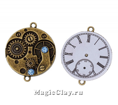 Коннектор Механические Часы 36х30мм, цвет античная бронза, 1шт