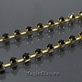 Цепочка со стразами 3,5мм Черный, цвет золото, 1м