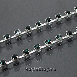 Цепочка со стразами 3,5мм Изумрудный, цвет серебро, 1м