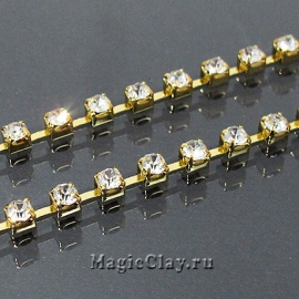 Цепочка со стразами 3,5мм Прозрачный, цвет золото, 1м