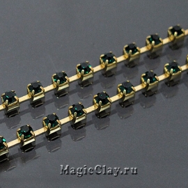 Цепочка со стразами 2,2мм Изумрудный, цвет золото, 1м